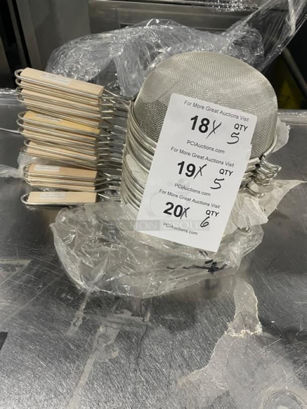 Adcraft commercial strainer with a hardwood handle, stainless steel, heavy-duty design, grouped for auction, new condition.