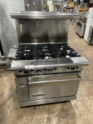 American Range Commercial Stainless Steel Natural Gas Powered 6-Burner Range/Oven Combo! With Backsplash & Overhead Shelf! With Wired Rack! On Legs! - Item #1225276
