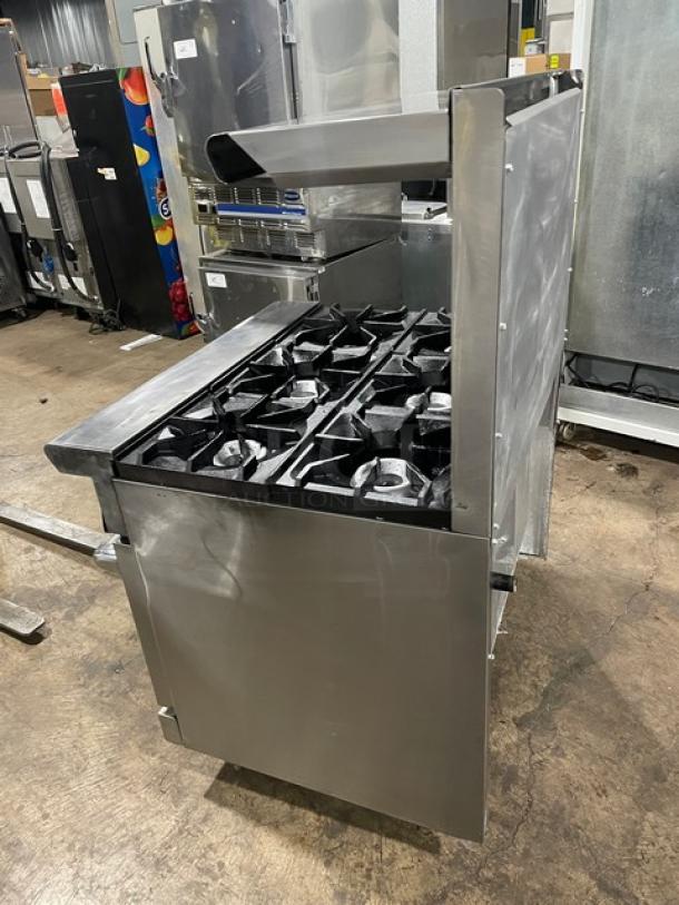 American Range commercial 6-burner stainless steel gas range/oven combo with backsplash, overhead shelf, and wired rack.