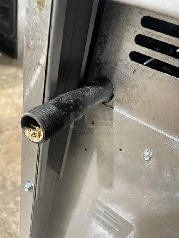 American Range commercial stainless steel gas range/oven with 6 burners, backsplash, shelf, wired rack, and legs.