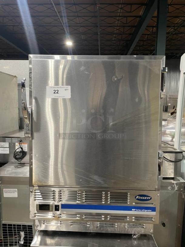 Follett REF5 stainless steel undercounter medical fridge, poly coated rack, 115V, serial E14055-27213, excellent condition.