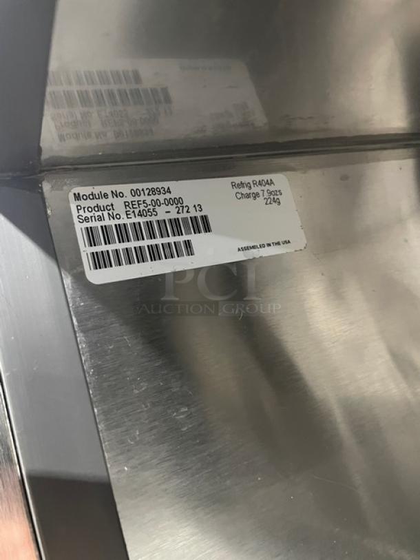 Follett Performance Plus Series undercounter medical-grade refrigerator, Model REF5, SN: E14055-27213, stainless steel, 115V, includes poly-coated wired rack. Visible label showing module and serial numbers.