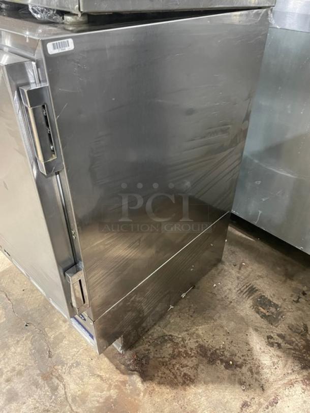 Follett REF5 medical-grade undercounter refrigerator, stainless steel, includes poly-coated wire rack, 115V, commercial use.