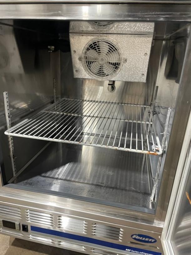 Follett REF5 commercial stainless steel medical-grade refrigerator, undercounter model with poly-coated wired rack, 115V, clean condition.