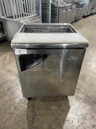 Turbo Air TST-28SD stainless steel refrigerated prep table with cutting board, single door, 115V, on casters, used condition.