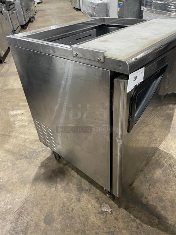 Turbo Air TST-28SD stainless steel single door refrigerated prep table, with cutting board, on casters, 115V, used condition.