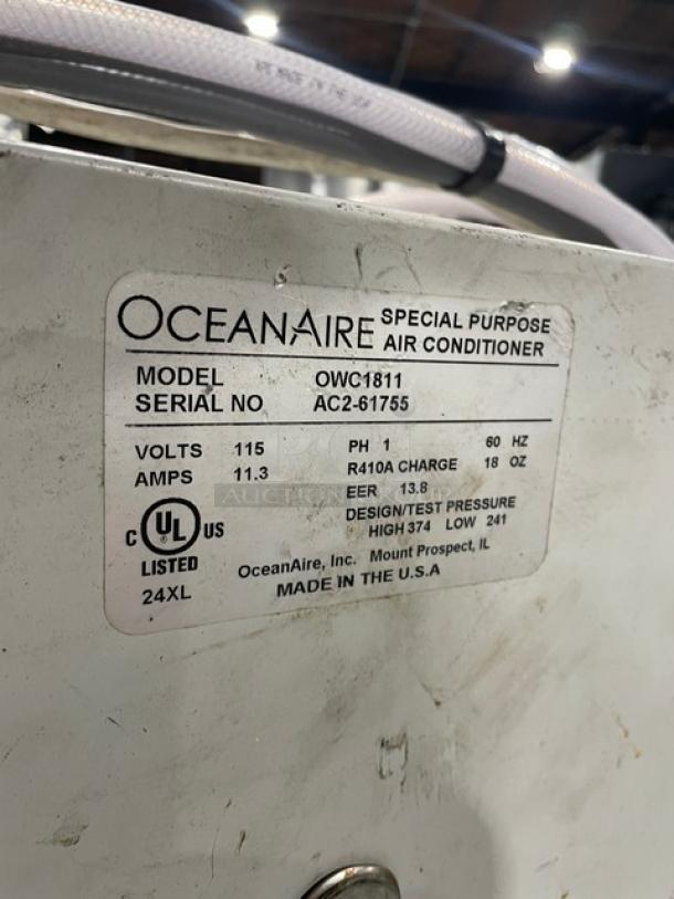 Oceanaire OWC1811 water-cooled portable air conditioner, 115V, 1-phase, on casters, serial AC2-61755, UL listed.