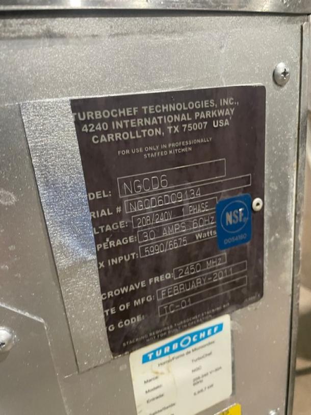 TurboChef Tornado NGCD6 stainless steel rapid cook oven, digital touch controls, 208/240V, Model: NGCD6 SN: NGCD6D09134.
