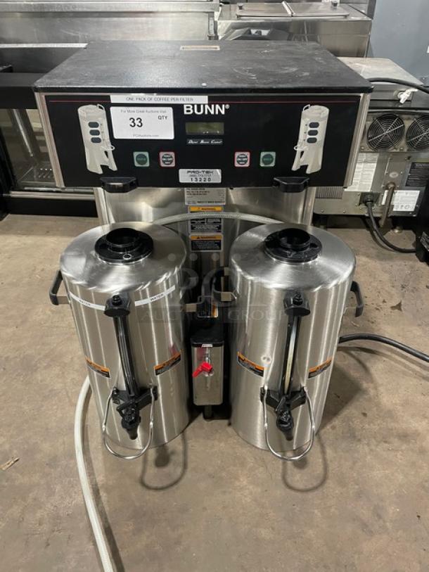 Bunn ThermoFresh DBC Series Dual Coffee Brewer with hot water dispenser, stainless steel, Model DUALTFDBC, digital controls.