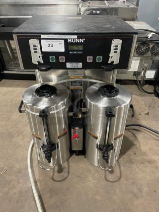 Bunn ThermoFresh DBC Series Commercial Stainless Steel Electric Powered Countertop Dual Automatic Twin Coffee Brewer! With Hot Water Dispenser & Digital Brewer Control! With Insulated Thermal Dispensers! Model: DUAL TF DBC SN: DUAL143652! 120/208-240V 1 Phase! On Legs! - Item #1225300
