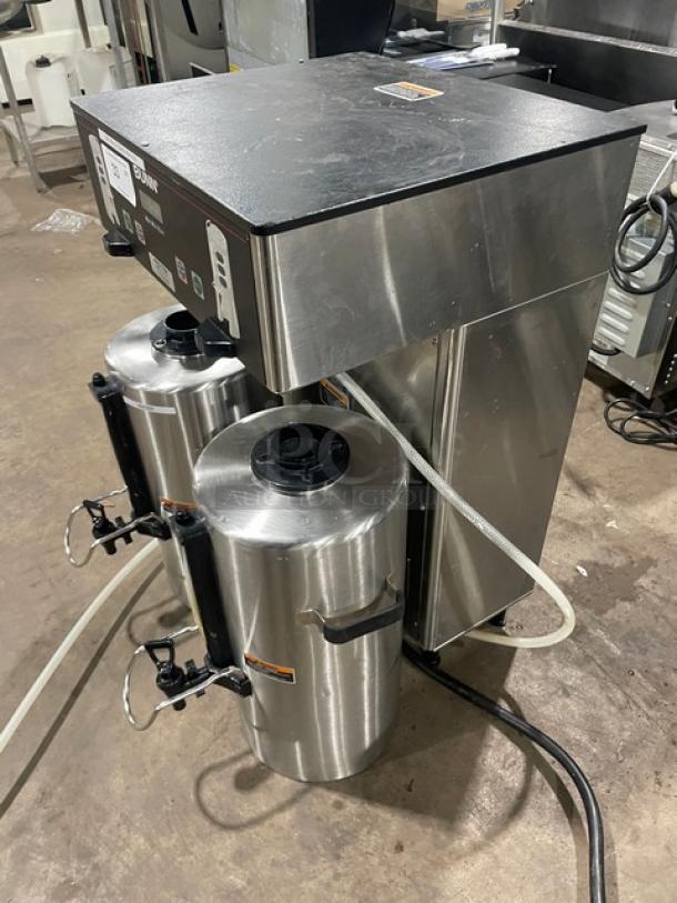 Bunn ThermoFresh DBC Series Dual Coffee Brewer, Model DUALTFDBC, stainless steel, digital controls, hot water dispenser, on legs.