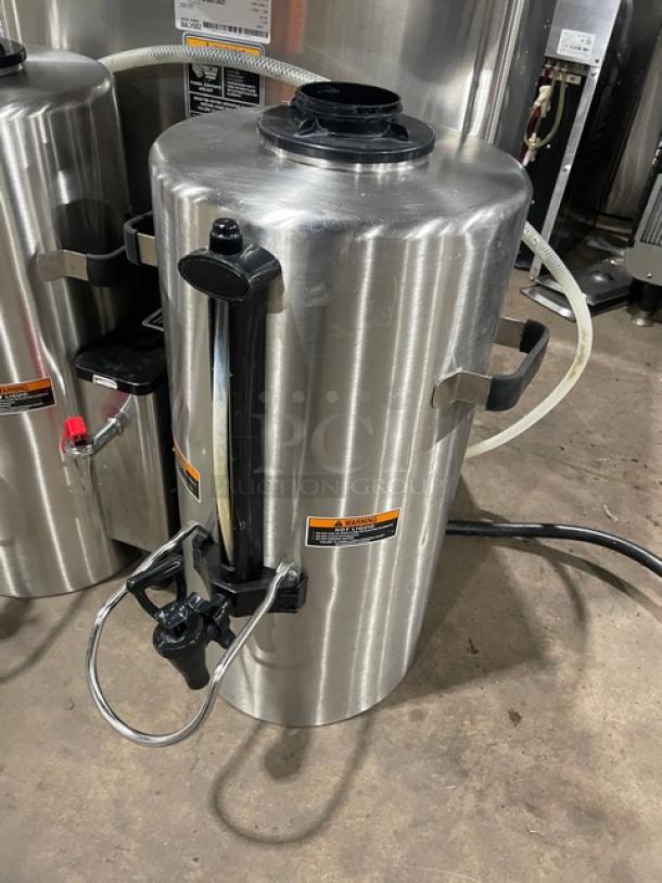 Stainless steel Bunn ThermoFresh DUALTFDBC coffee brewer with hot water dispenser, digital controls, on legs, excellent condition.