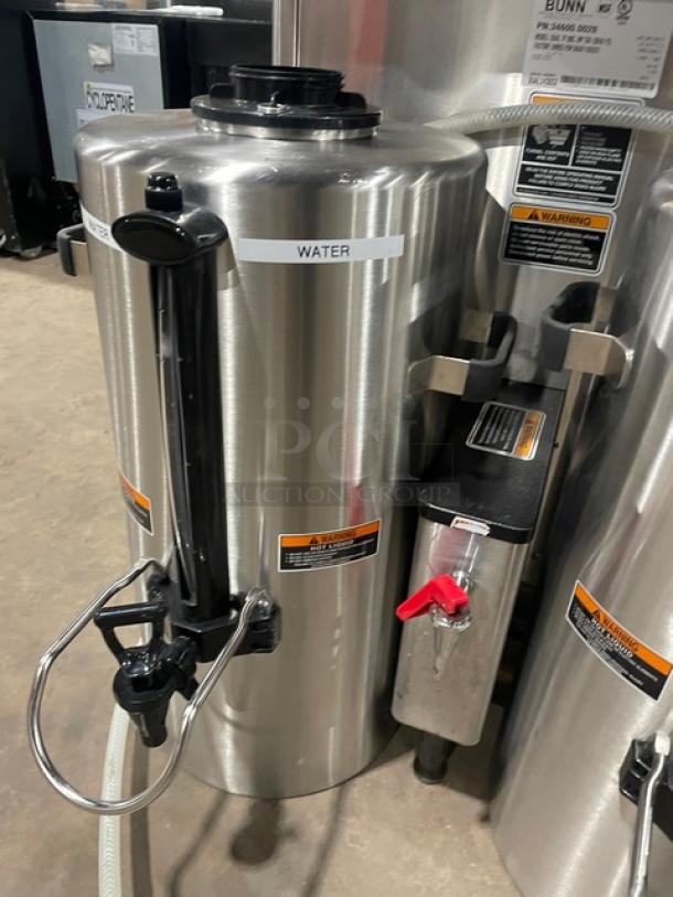 Bunn ThermoFresh DUAL TF DBC commercial stainless steel countertop dual coffee brewer with digital control and hot water dispenser.