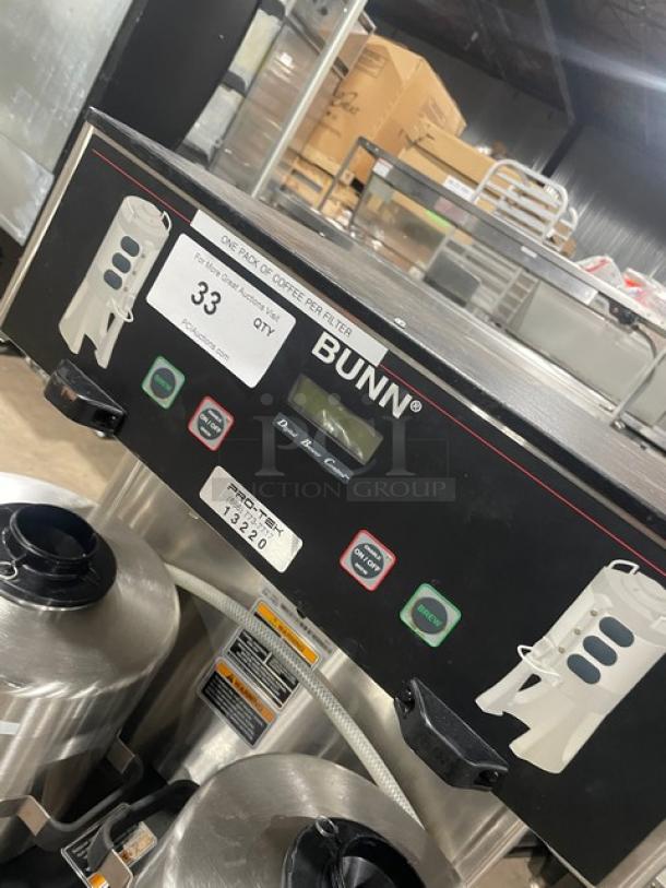 Bunn ThermoFresh DBC Series dual coffee brewer with digital control, stainless steel, model DUALTFDBC, includes hot water dispenser.