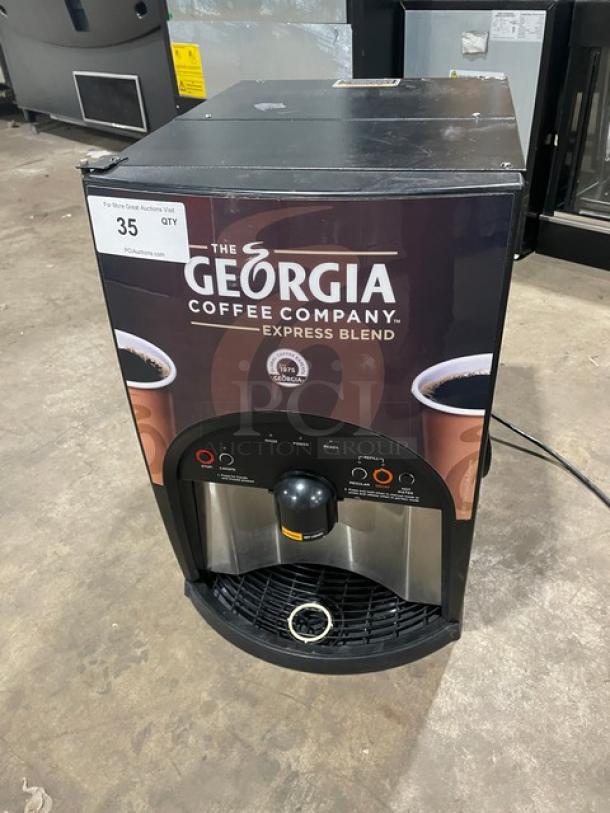 Bunn LCC2LP countertop ambient coffee dispenser, 120V, 1 phase, on legs. Features Georgia Coffee Company branding. Serial: LCC0011041.