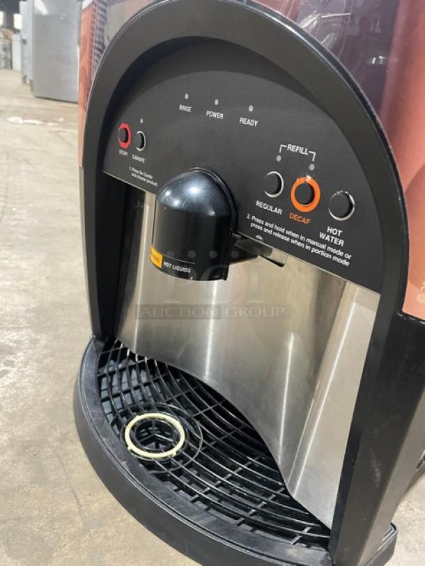 Bunn LCC2LP coffee dispenser, countertop model, 120V, 1 phase, on legs, with controls for regular and decaf coffee.