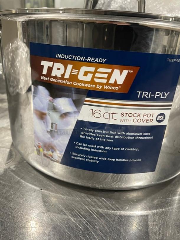 Winco Commercial 16 Quart Aluminum Stock Pot, Model TGSP-16, induction-ready, with lid, tri-ply construction, new condition.
