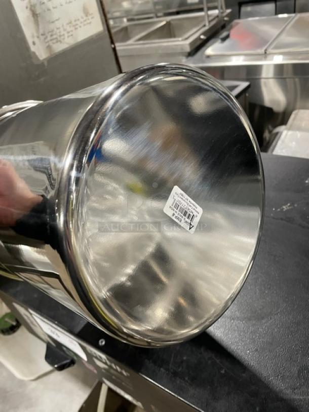 NEW Adcraft BMP8 8 Quart Bain Marie Pot, commercial stainless steel, mirror finish, label shows model and capacity.