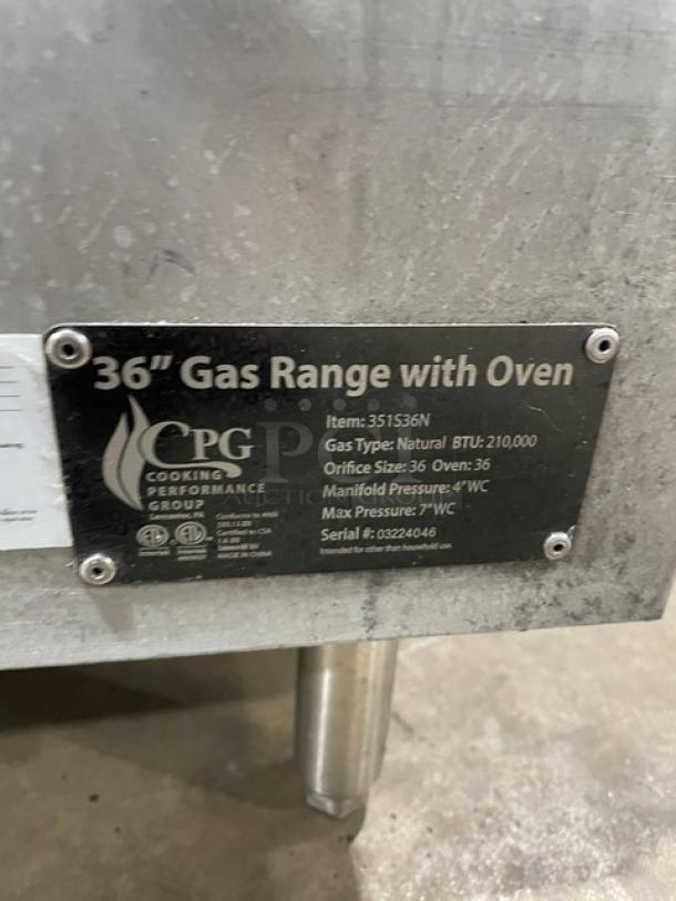 CPG 36" stainless steel gas range/oven combo, model 351S36N, SN: 03224046, natural gas, 6-burner, with wired oven rack.
