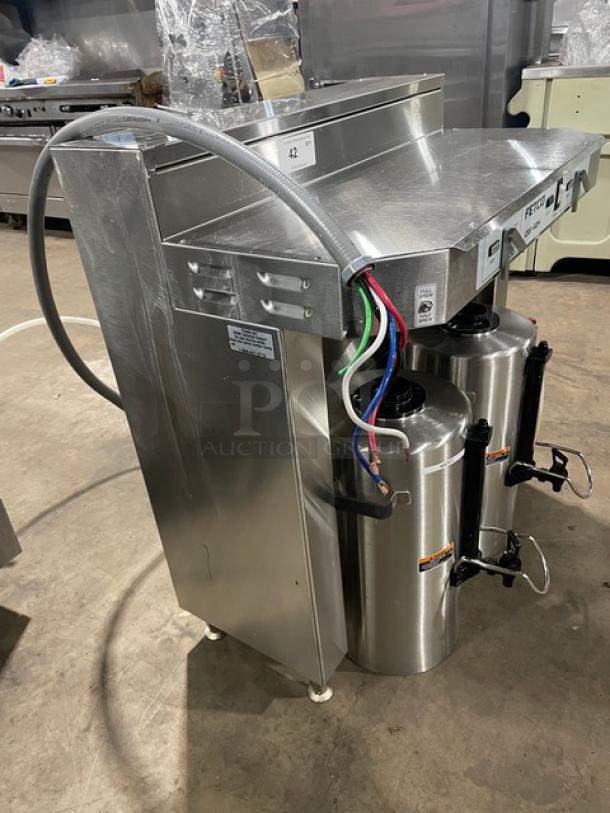 Fetco CBS62H Twin Coffee Brewer, stainless steel, electric, 240V, 1 phase, with hot water dispenser, countertop model.