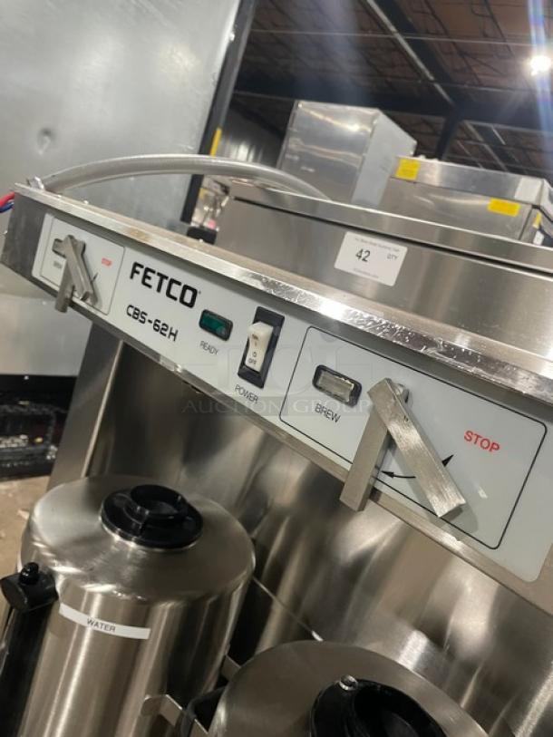 Fetco CBS-62H commercial twin coffee brewer with hot water dispenser, stainless steel, electric, 240V, good condition.