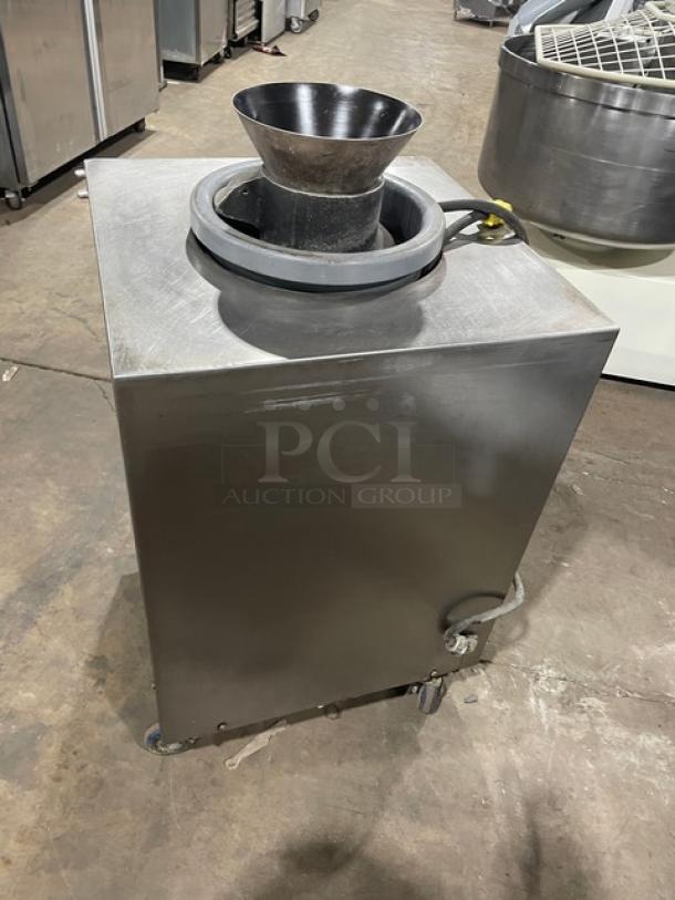 AM Manufacturing Round-O-Matic R-900RT stainless steel dough rounder, electric, 120V 1 Phase, on casters, commercial grade.
