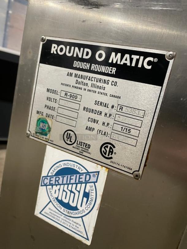 AM Manufacturing Round-O-Matic R900RT dough rounder, stainless steel, commercial-grade, 120V, on casters, certified label visible.