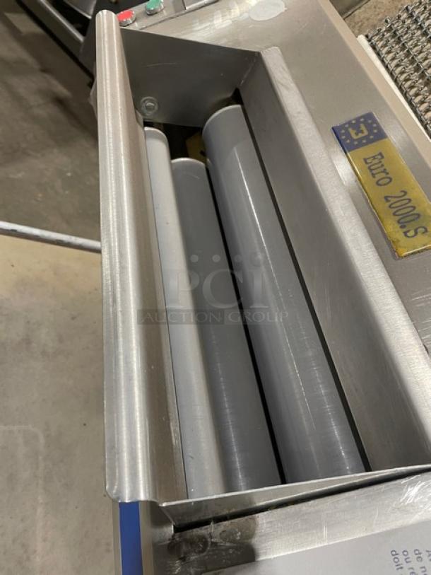 TMB Baking stainless steel electric dough sheeter, Euro 2000 S model, on casters, excellent condition, visible controls.