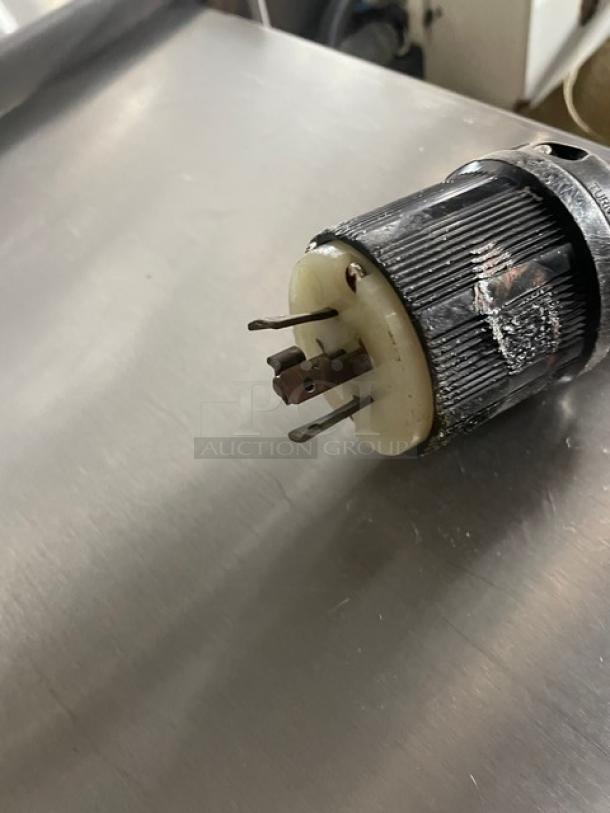 TMB Baking commercial stainless steel electric dough sheeter, floor model, on casters, plug detail shown.