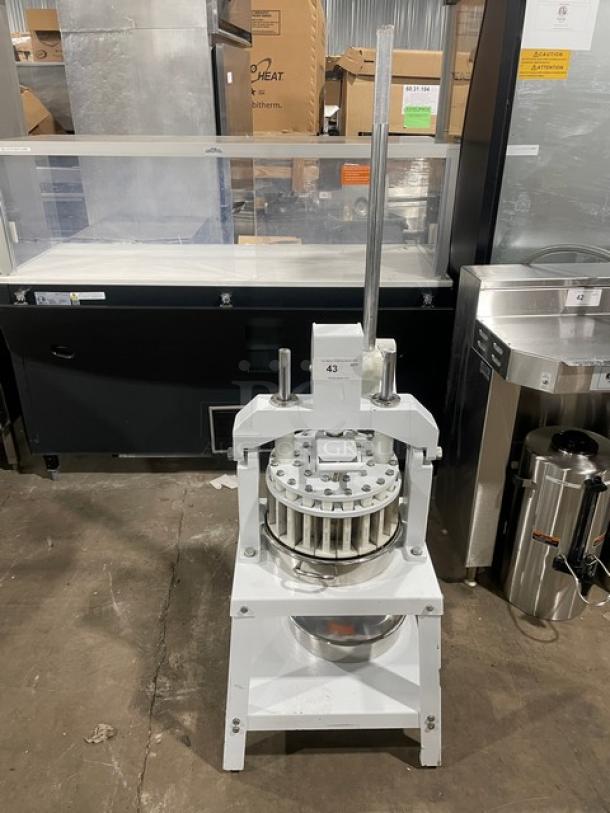 Migsa commercial manual dough divider, white, with single undershelf and stainless steel bowl, on legs, in good condition.