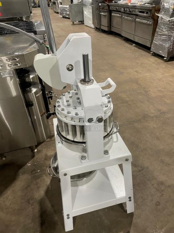 Migsa commercial white manual dough divider with stainless steel bowl, single undershelf, and sturdy legs.