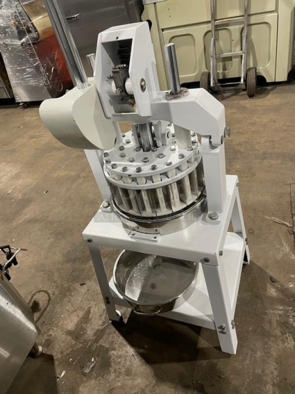 Migsa commercial white manual dough divider with stainless steel bowl, single undershelf, and sturdy legs.