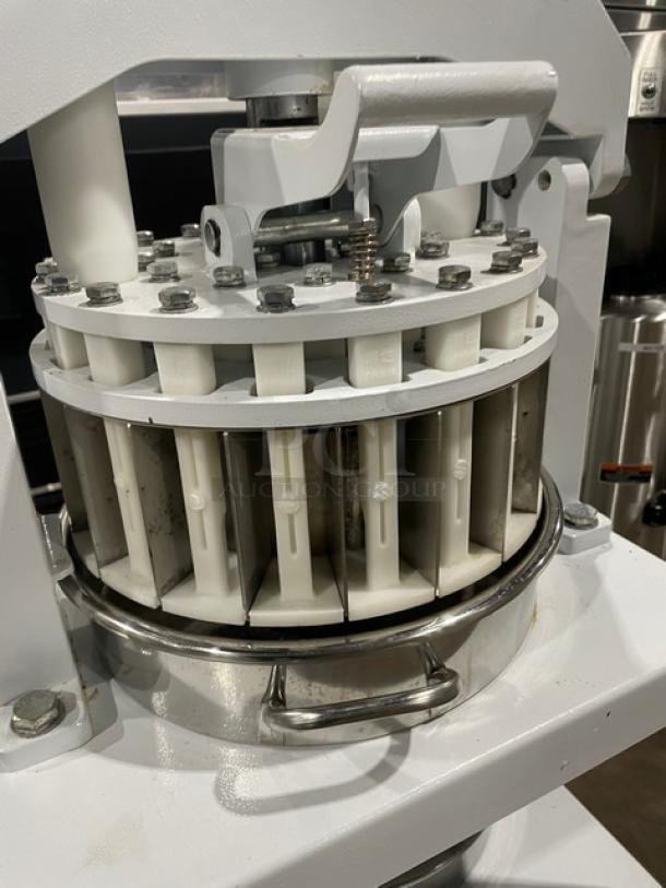 Migsa Commercial White Manual Dough Divider with stainless steel bowl, single undershelf, and sturdy legs. Good condition.