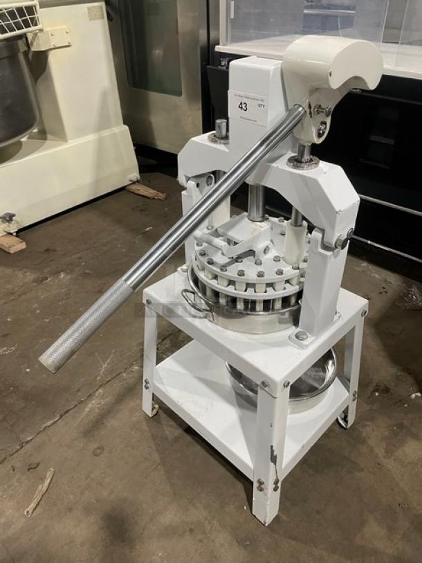 Migsa Commercial White Manual Dough Divider with single undershelf, stainless steel bowl, on legs, in good condition.