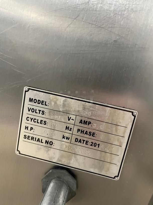 Jiade JDR-520 dough sheeter label showing 220V, 1 phase, 2018 model, serial B1850085, in good condition.