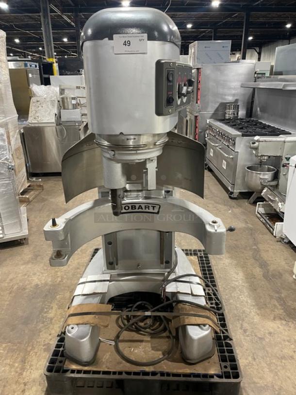Hobart HL800 Legacy+ 80 Qt. Commercial Mixer, electric, with stainless steel bowl guard, 200-240V, 3 phase, on legs.