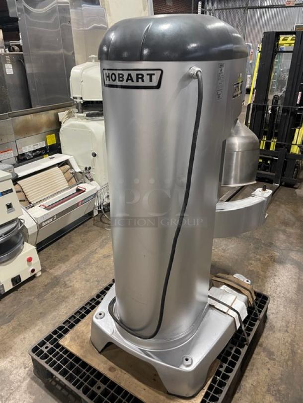 Hobart Legacy+ HL800 80 Qt. commercial mixer, stainless steel bowl guard, 200-240V, 3 phase, on legs, model visible.