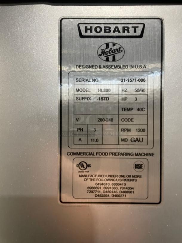 Hobart Legacy+ HL800 mixer label showing model, serial number, voltage, and specifications for commercial use.