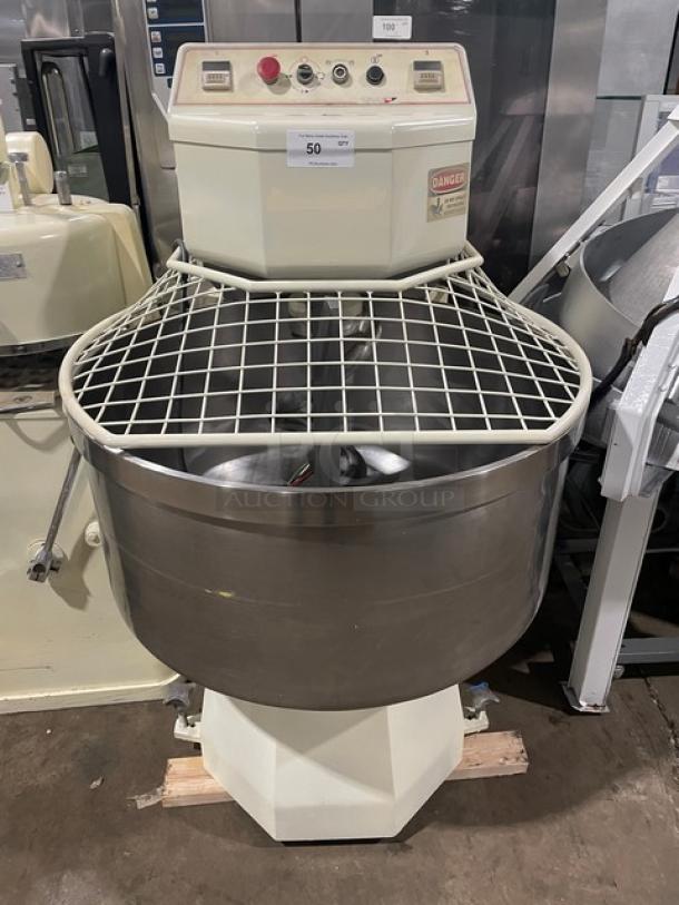 VMI SPI220M spiral mixer with stainless steel bowl, bowl guard, and spiral dough hook. Model SPI220M, 220V, 3 Phase.