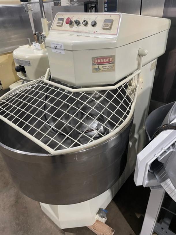 VMI SPI220M commercial spiral mixer with stainless steel bowl, bowl guard, and dough hook. 220V, 3 Phase, SN: 68635.