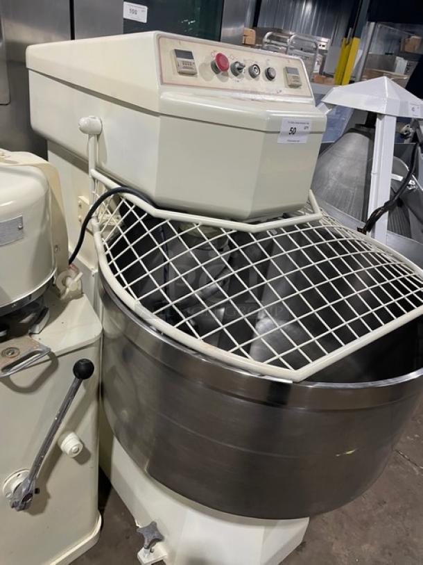 VMI SPI220M spiral mixer with stainless bowl, bowl guard, and dough hook. Model SPI220M, 220V 3-phase, SN: 68635.