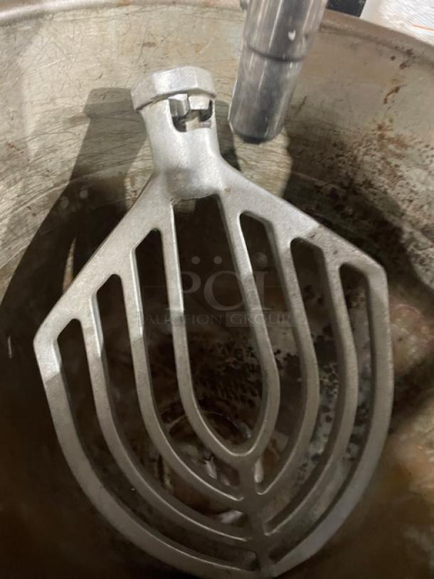 Hobart Model M802 commercial mixer with stainless steel mixing bowl and flat beater attachment, 80 qt capacity, 200V, 3-phase.