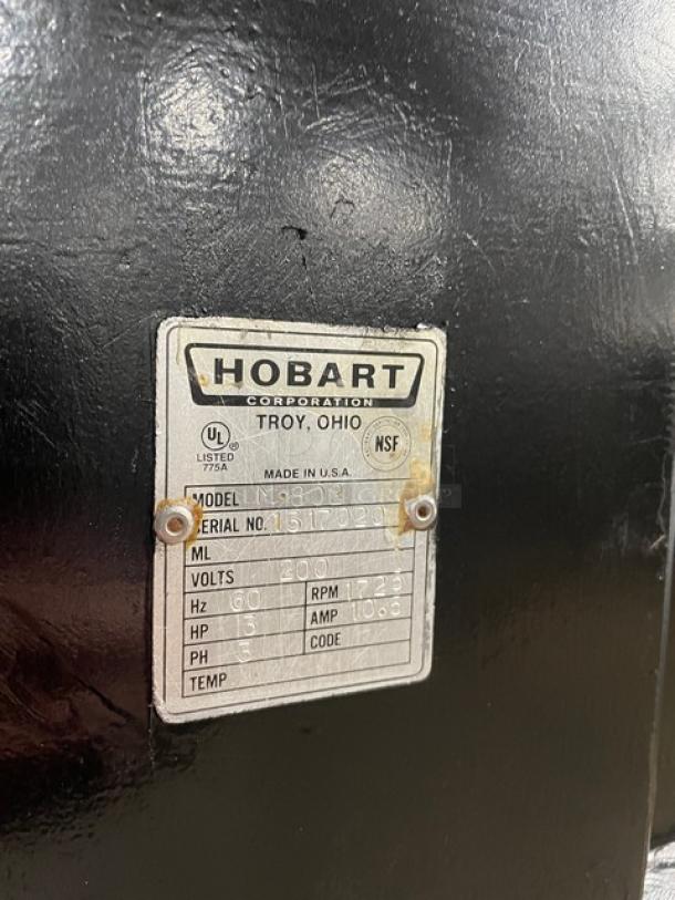 Hobart M-802 commercial dough mixer, black, 80 qt, electric, 200V 3-phase, with label indicating model and serial number.