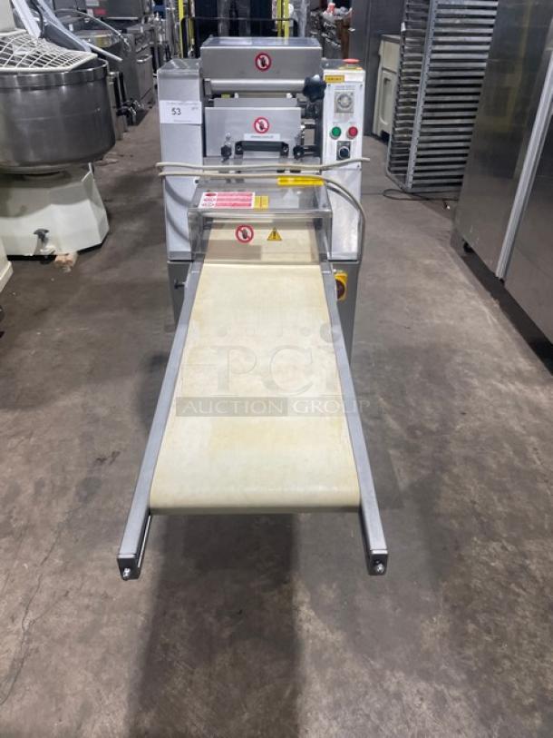 Minipan MGX commercial dough sheeter, stainless steel, electric-powered, 220V 3-phase, with conveyor, on casters, floor model.