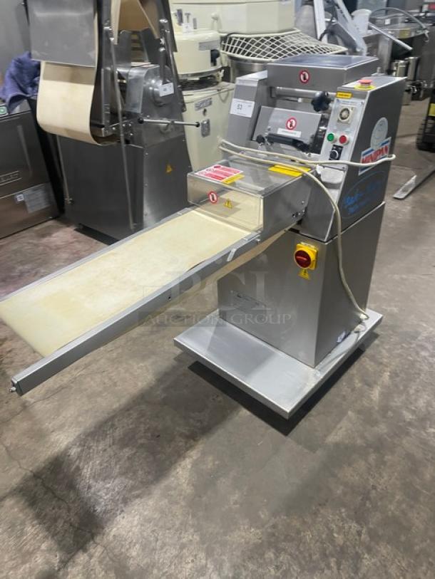 Minipan MGX commercial stainless steel dough sheeter, electric with conveyor, 220V 3 Phase, floor-model, on casters.