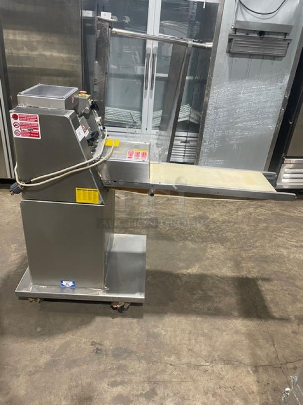 Minipan MGX dough sheeter, stainless steel, electric, conveyor, 220V 3-phase, on casters, commercial use, visible labels.