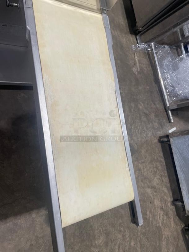 Minipan MGX commercial dough sheeter, stainless steel, electric, with conveyor, 220V 3 Phase, on casters.