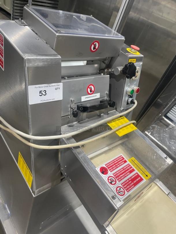 Minipan MGX commercial dough sheeter, stainless steel, with conveyor, 220V 3 phase, on casters, excellent condition.