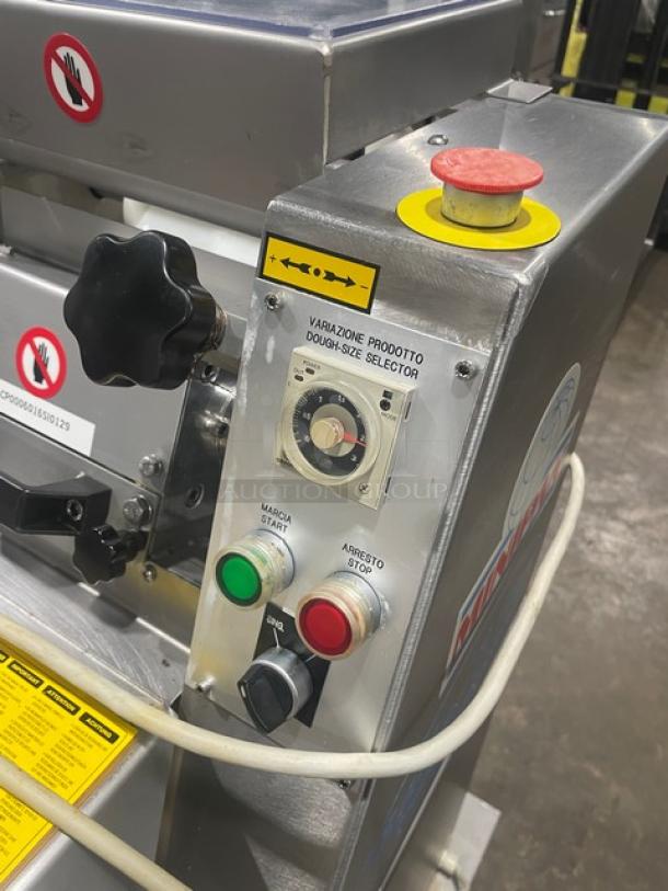 Minipan MGX commercial dough sheeter with conveyor, stainless steel, 220V 3-phase, on casters, control panel visible.