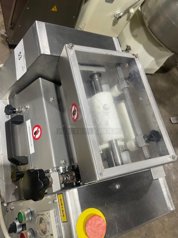 Minipan MGX commercial dough sheeter, stainless steel, electric, with conveyor, 220V 3-phase, on casters, excellent condition.